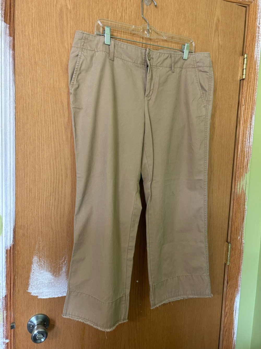 GAP Wide Leg 100% Cotton Cropped Pants Distressed Hem Khaki Tan Size 16